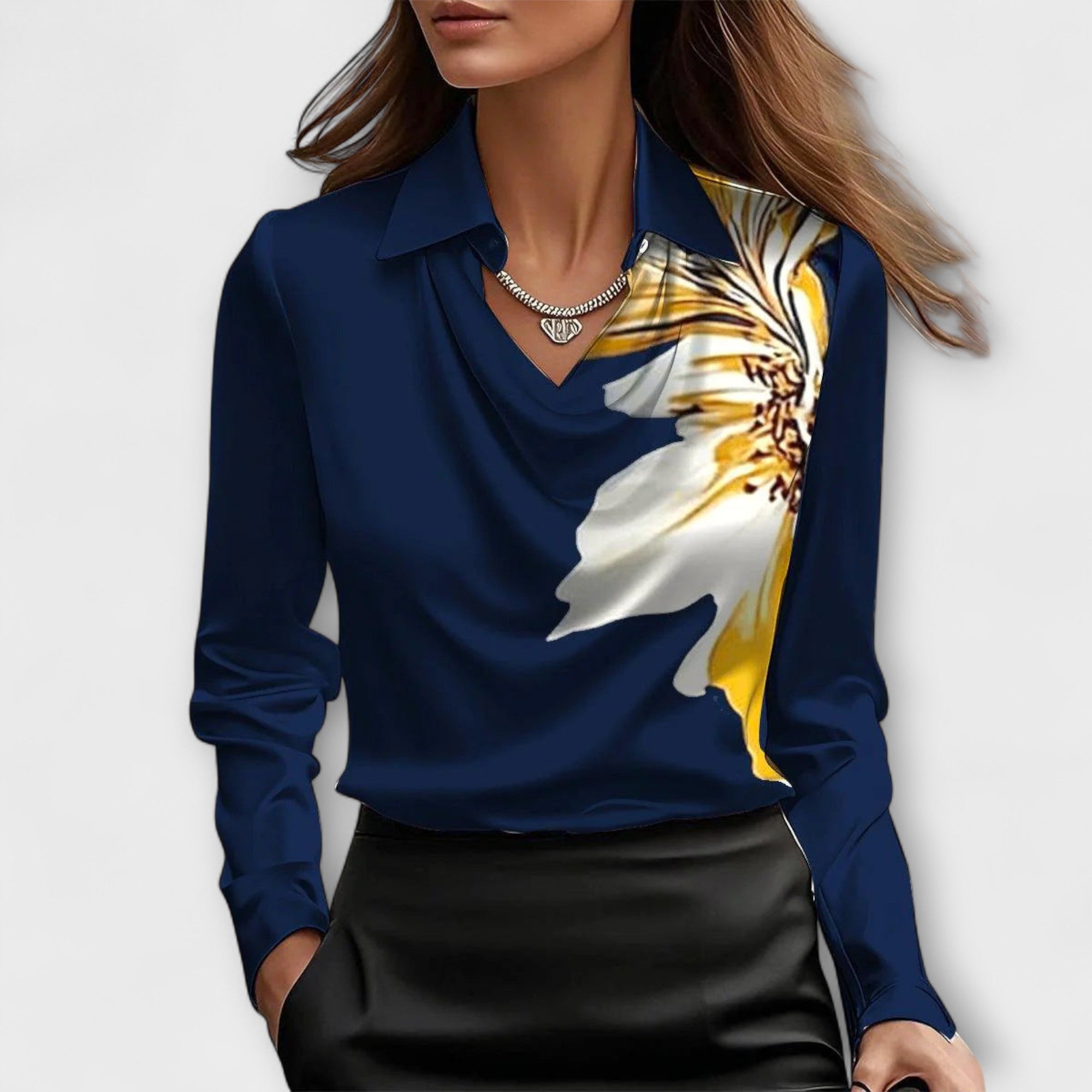 Shiny blouse with ruched collar