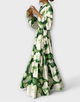 Melina - Green Maxi Dress with Long Sleeves and V-Neck