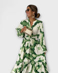 Melina - Green Maxi Dress with Long Sleeves and V-Neck